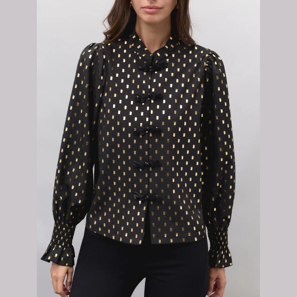 Black Gold Metallic Polka Dot Frog Closure Stand Collar Blouse